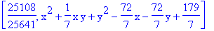 [25108/25641, x^2+1/7*x*y+y^2-72/7*x-72/7*y+179/7]